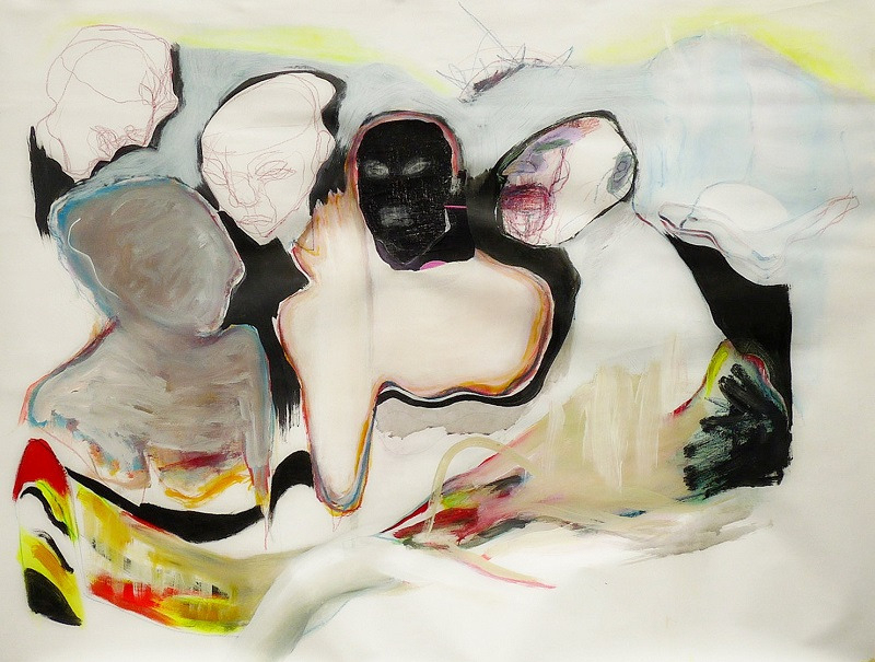 Sans titre, 2014, Acrylique,,pastel et tissu sur toile, 140 x 100 cm
